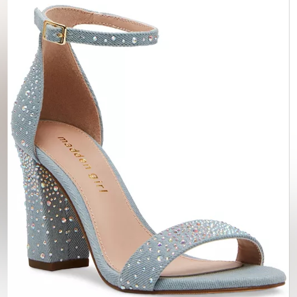 NWB Madden Girl Bella Two-Piece Rhinestone Dress Sandals‎ Denim Look 9.5
